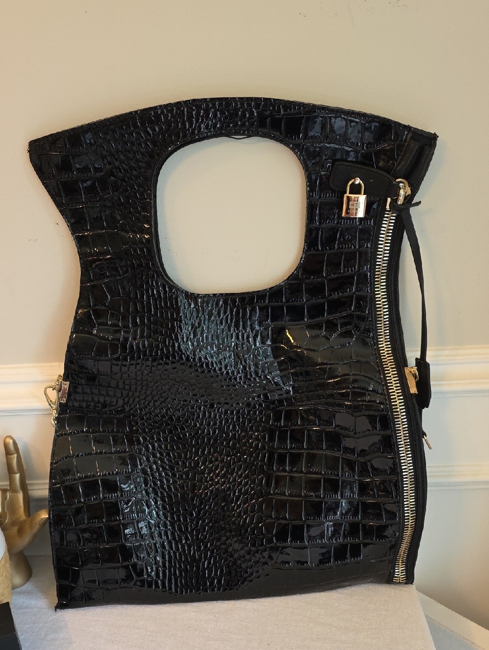 Gussaci Black Croc-Embossed Patent Tote with Side Zip and Padlock Accent